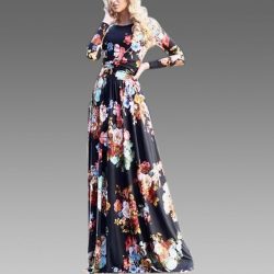 Uzun Çiçek Desenli Elbise Modeli